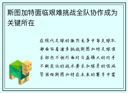 斯图加特面临艰难挑战全队协作成为关键所在